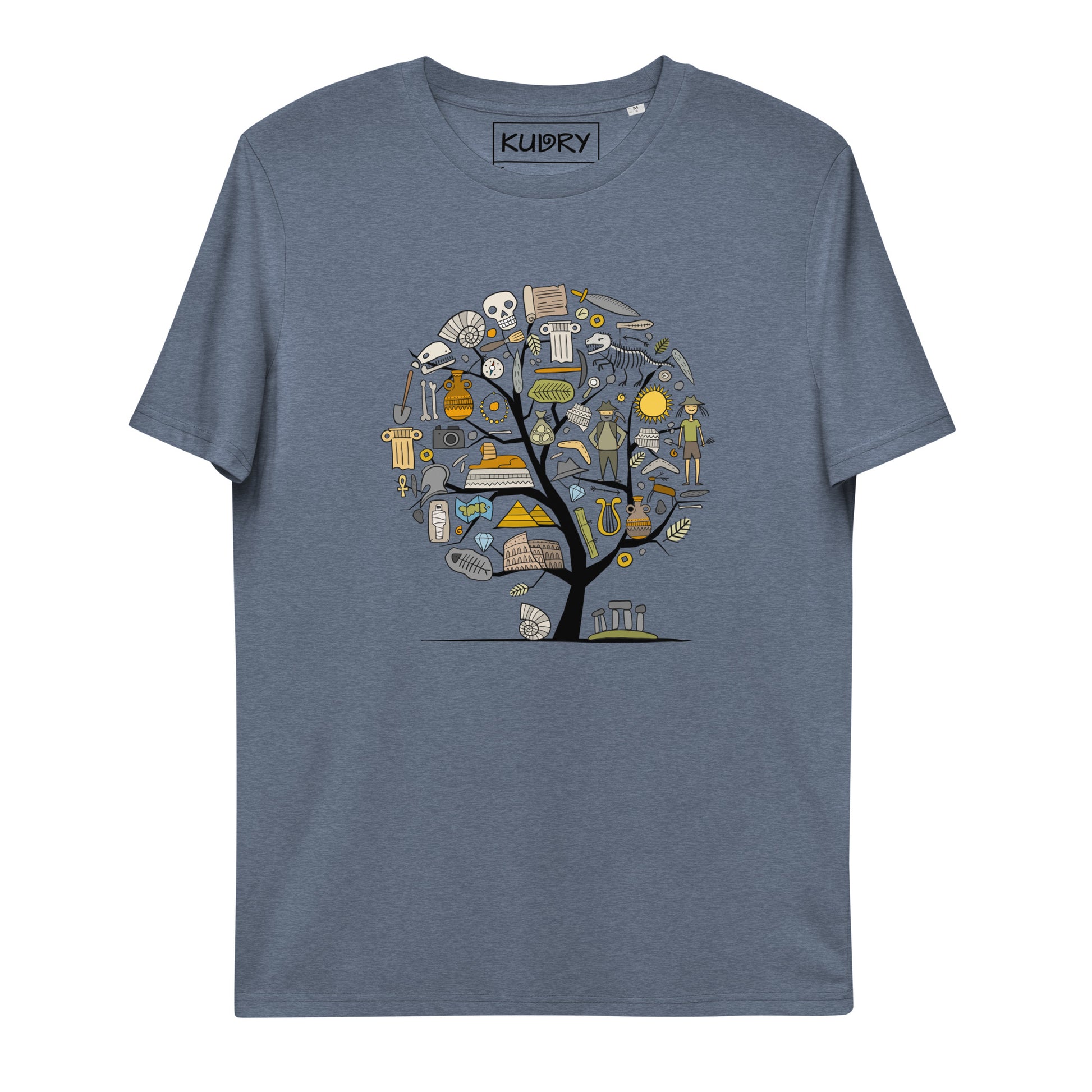 Unisex organic cotton dark blue t-shirt with Archeology designer print - concept art tree. Kudry