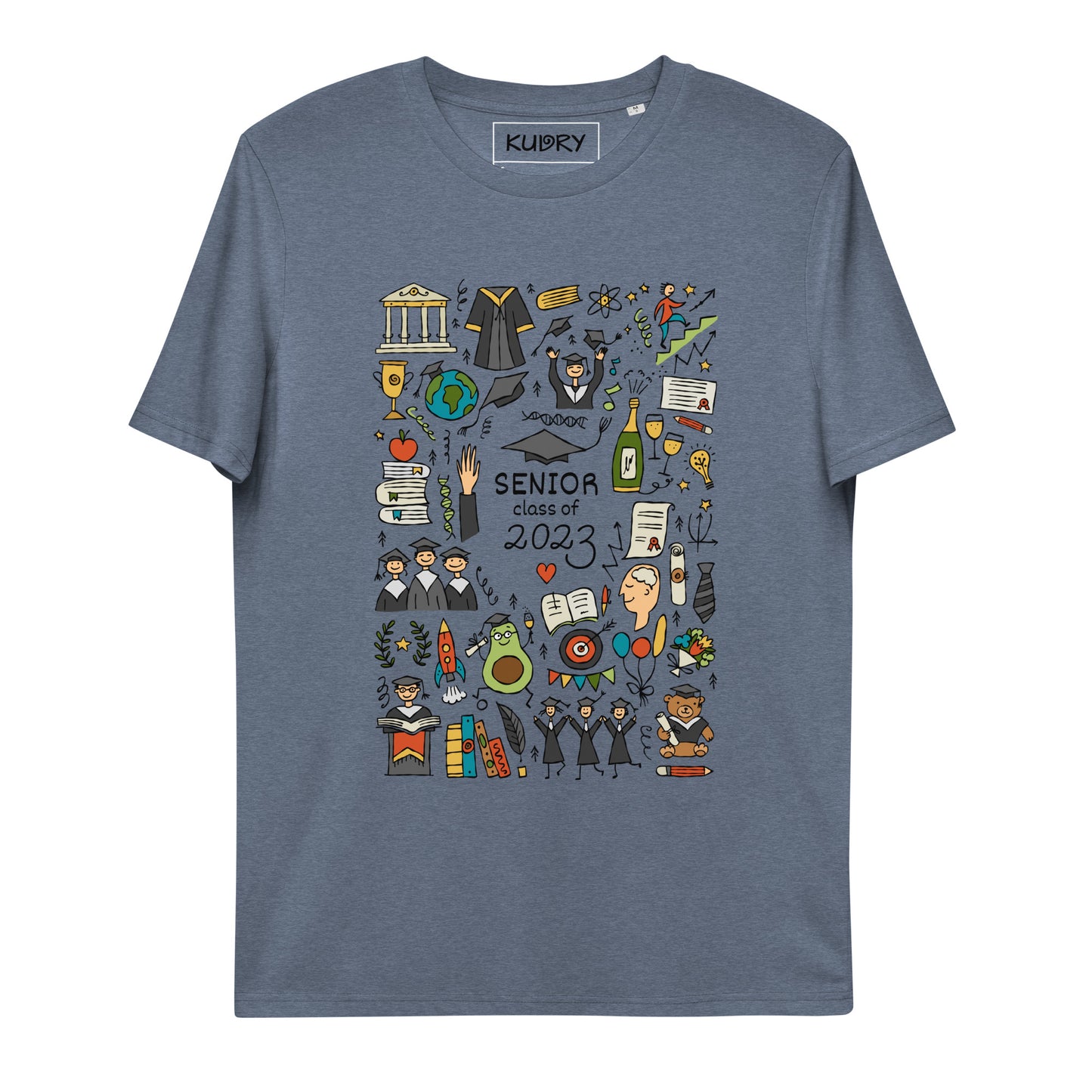 Personalised graduation 2023 blue t-shirt with funny designer print featuring graduates in hats and mantles, holiday-themed motifs, and a graduation teddy bear. 
