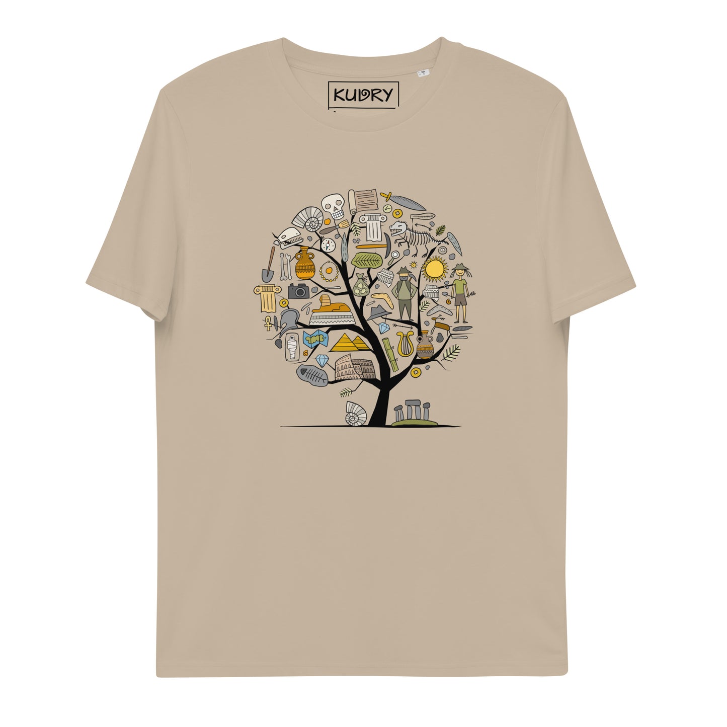 Unisex organic cotton beige t-shirt with Archeology designer print - concept art tree. Kudry