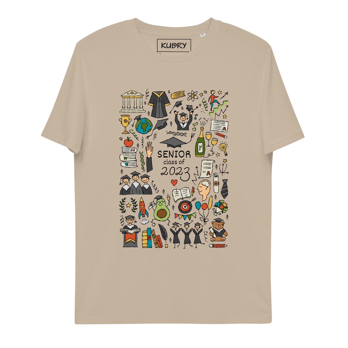 Personalised graduation 2023 beige t-shirt with funny designer print featuring graduates in hats and mantles, holiday-themed motifs, and a graduation teddy bear.