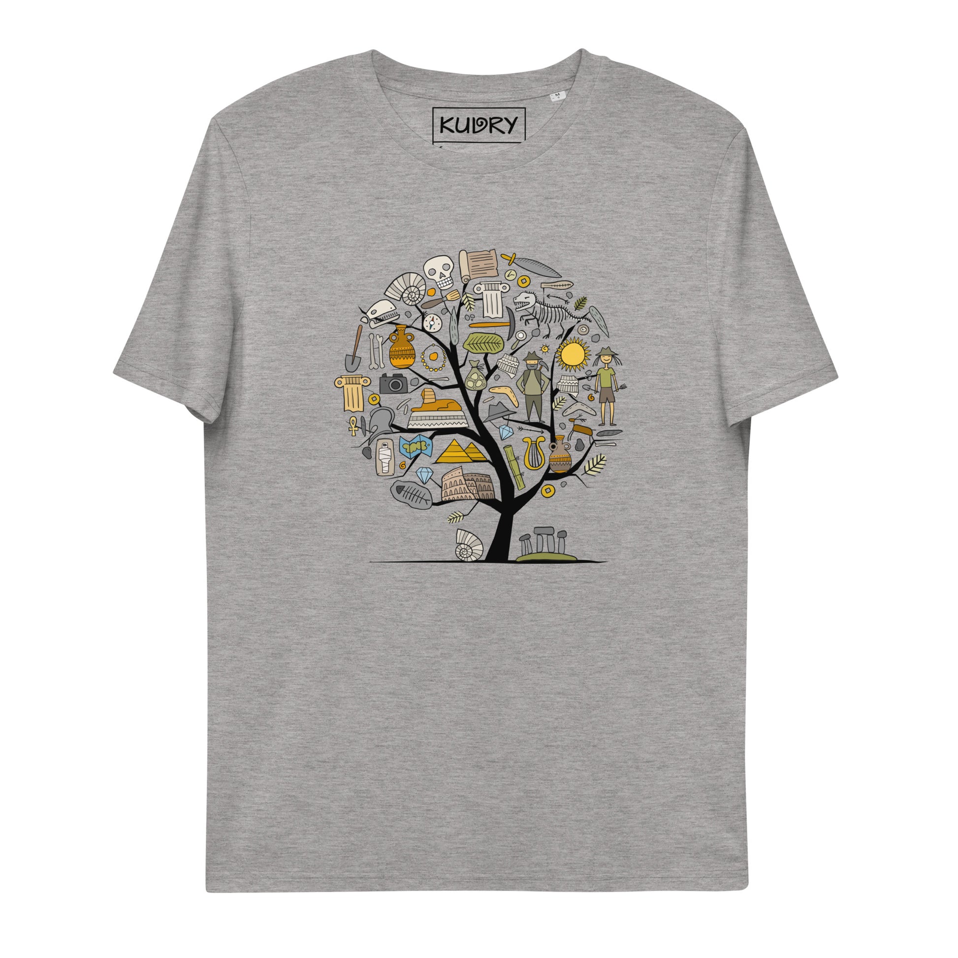 Unisex organic cotton grey t-shirt with Archeology designer print - concept art tree. Kudry