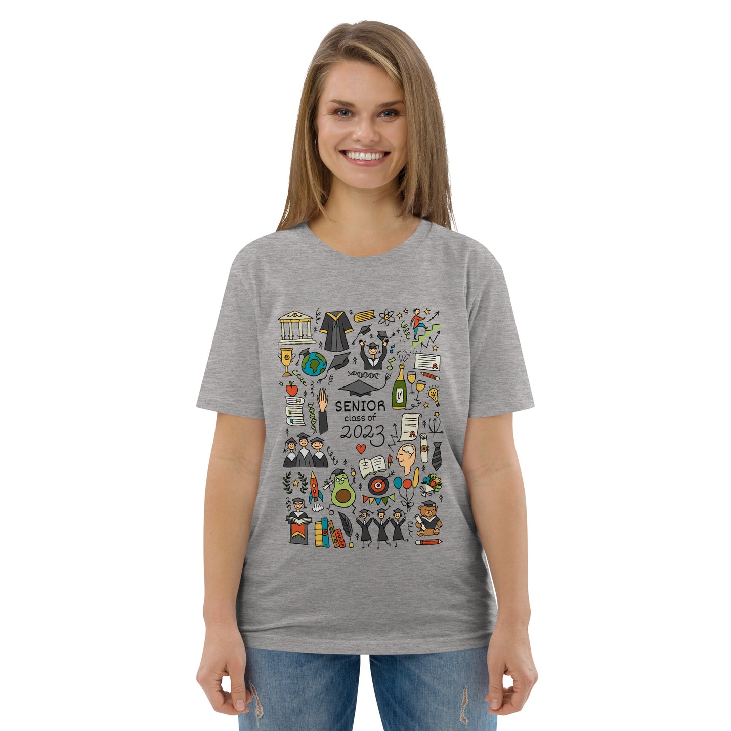 Girl in graduation grey t-shirt with funny designer print featuring graduates in hats and mantles, holiday-themed motifs, and a graduation teddy bear. Personalise it with your text