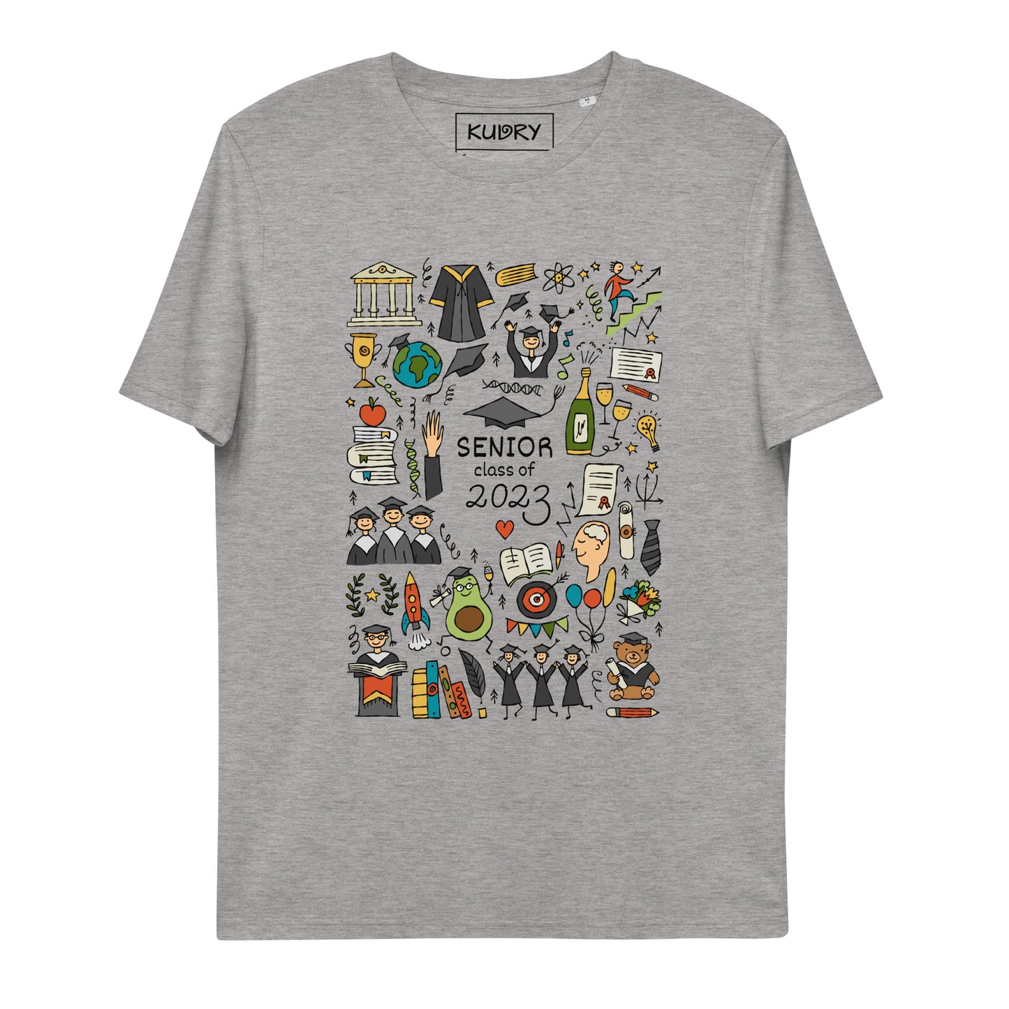 Personalised graduation 2023 grey t-shirt with funny designer print featuring graduates in hats and mantles, holiday-themed motifs, and a graduation teddy bear.