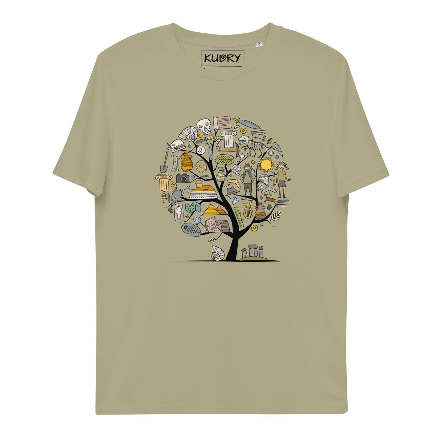 Unisex organic cotton green t-shirt with Archeology designer print - concept art tree. Kudry