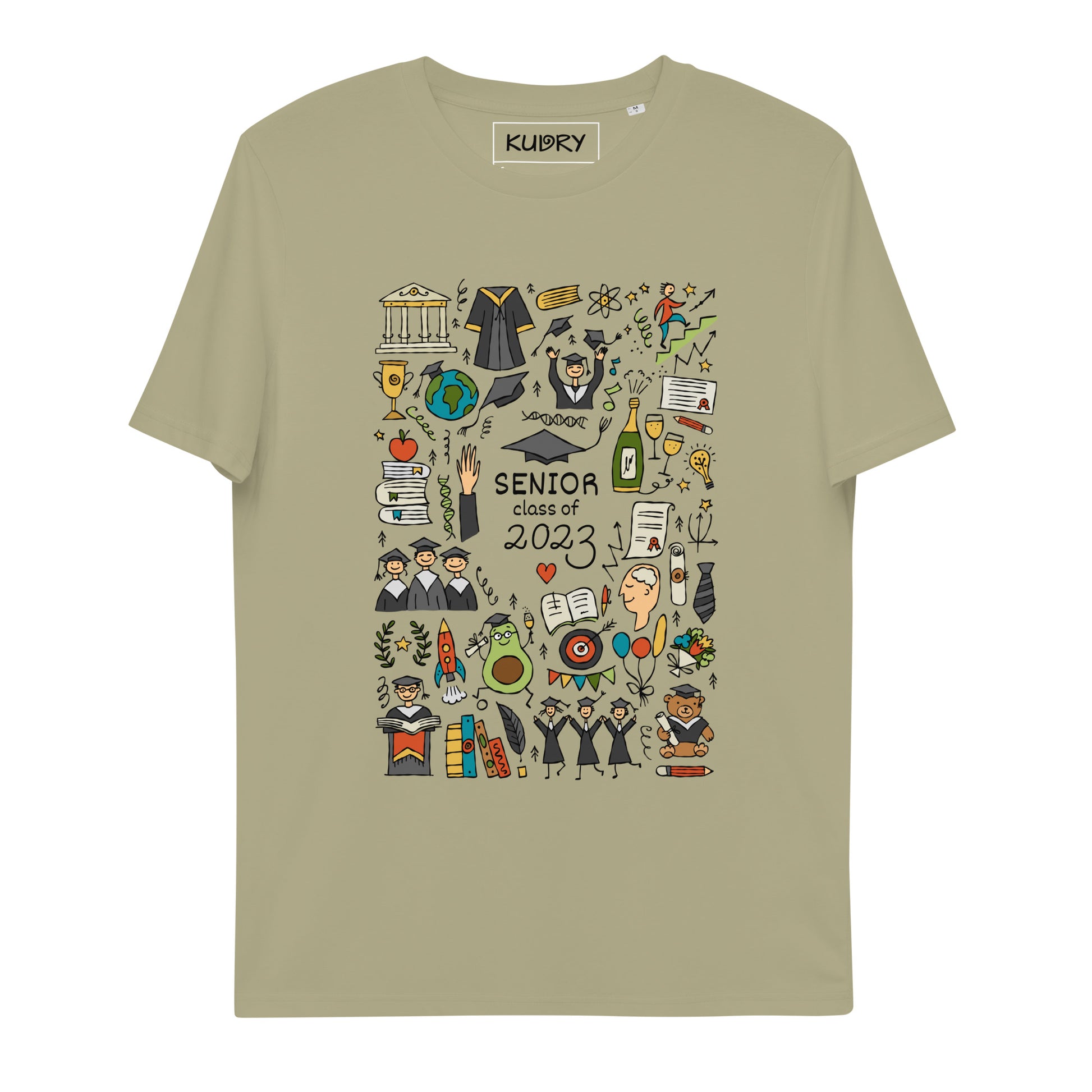 Personalised graduation 2023 olive t-shirt with funny designer print featuring graduates in hats and mantles, holiday-themed motifs, and a graduation teddy bear.