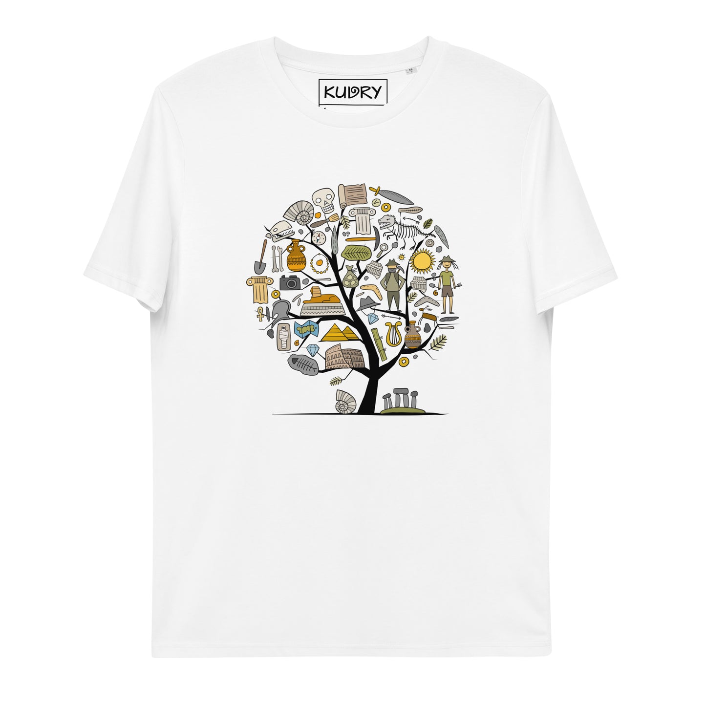 Unisex organic cotton white t-shirt with Archeology designer print - concept art tree. Kudry