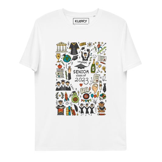 Personalised graduation 2023 white t-shirt with funny designer print featuring graduates in hats and mantles, holiday-themed motifs, and a graduation teddy bear. 