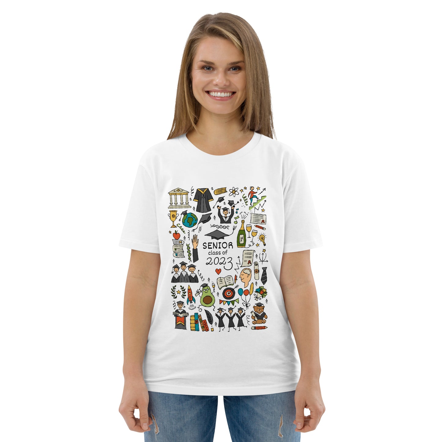 Girl in graduation white t-shirt with funny designer print featuring graduates in hats and mantles, holiday-themed motifs, and a graduation teddy bear. Personalise it with your text