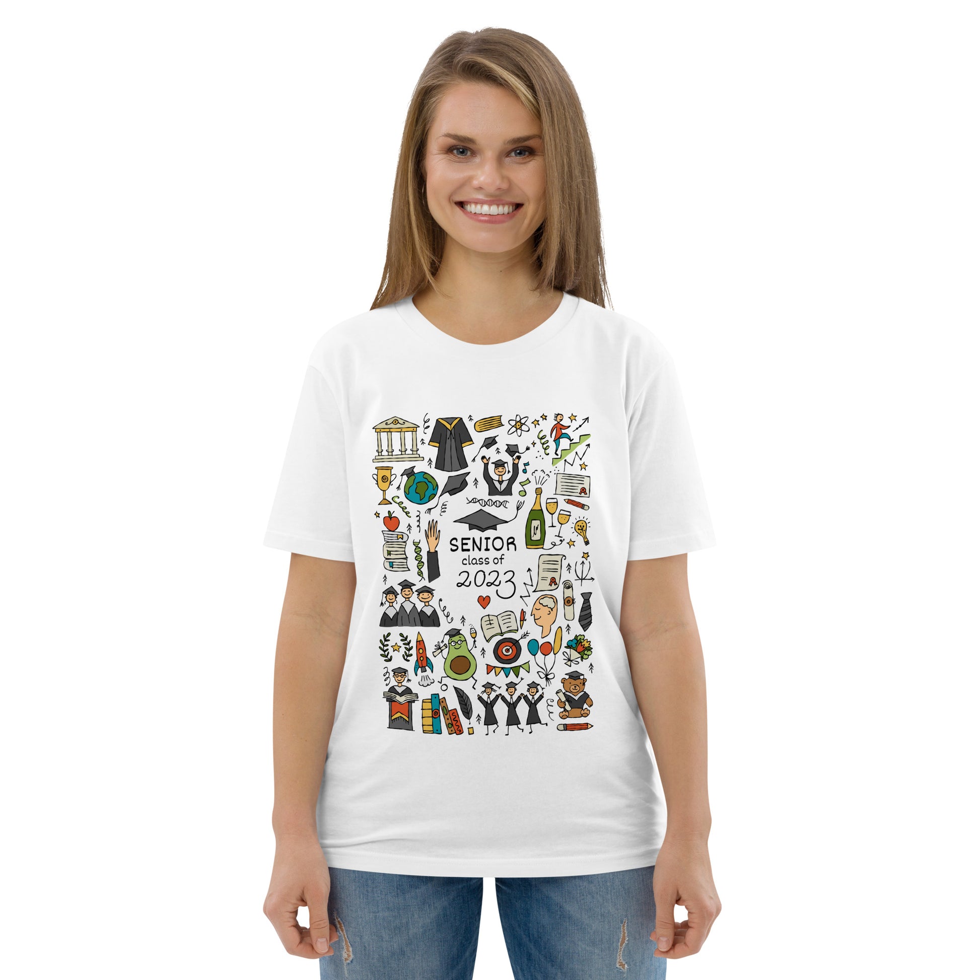 Girl in graduation white t-shirt with funny designer print featuring graduates in hats and mantles, holiday-themed motifs, and a graduation teddy bear. Personalise it with your text