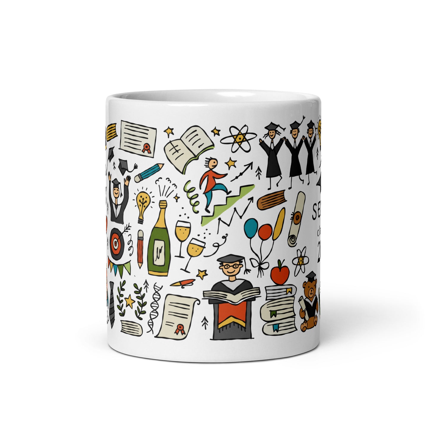 Personalised graduation mug 11oz with funny designer print featuring graduates in hats and mantles, school books and holiday motifs and graduation teddy bear