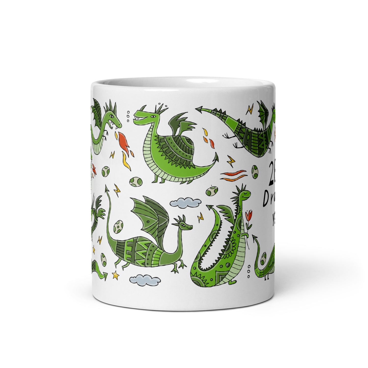 White glossy mug 11 oz personalised with symbol of 2024 Year - funny green Dragons