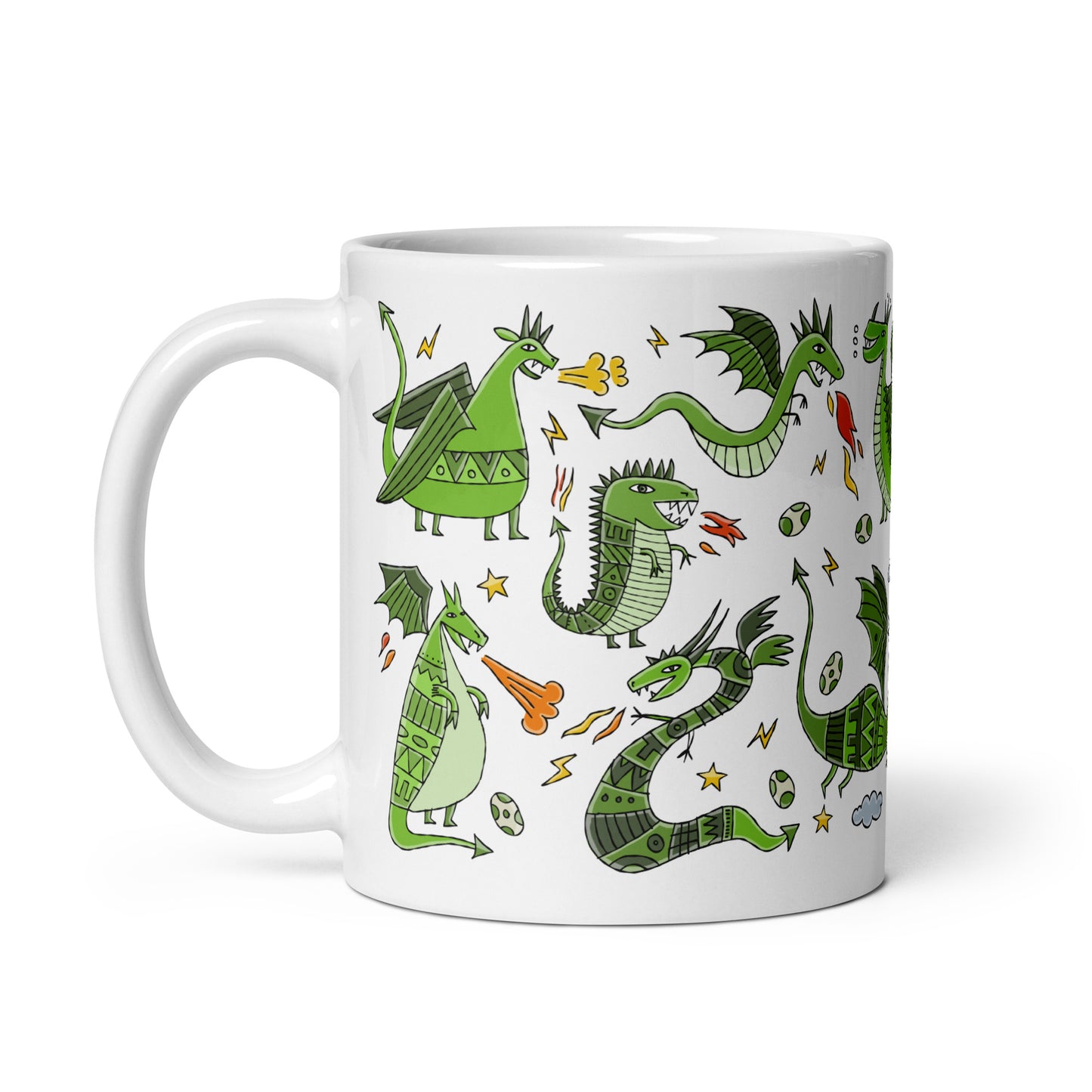 White glossy mug 11 oz personalised with symbol of 2024 Year - funny green Dragons