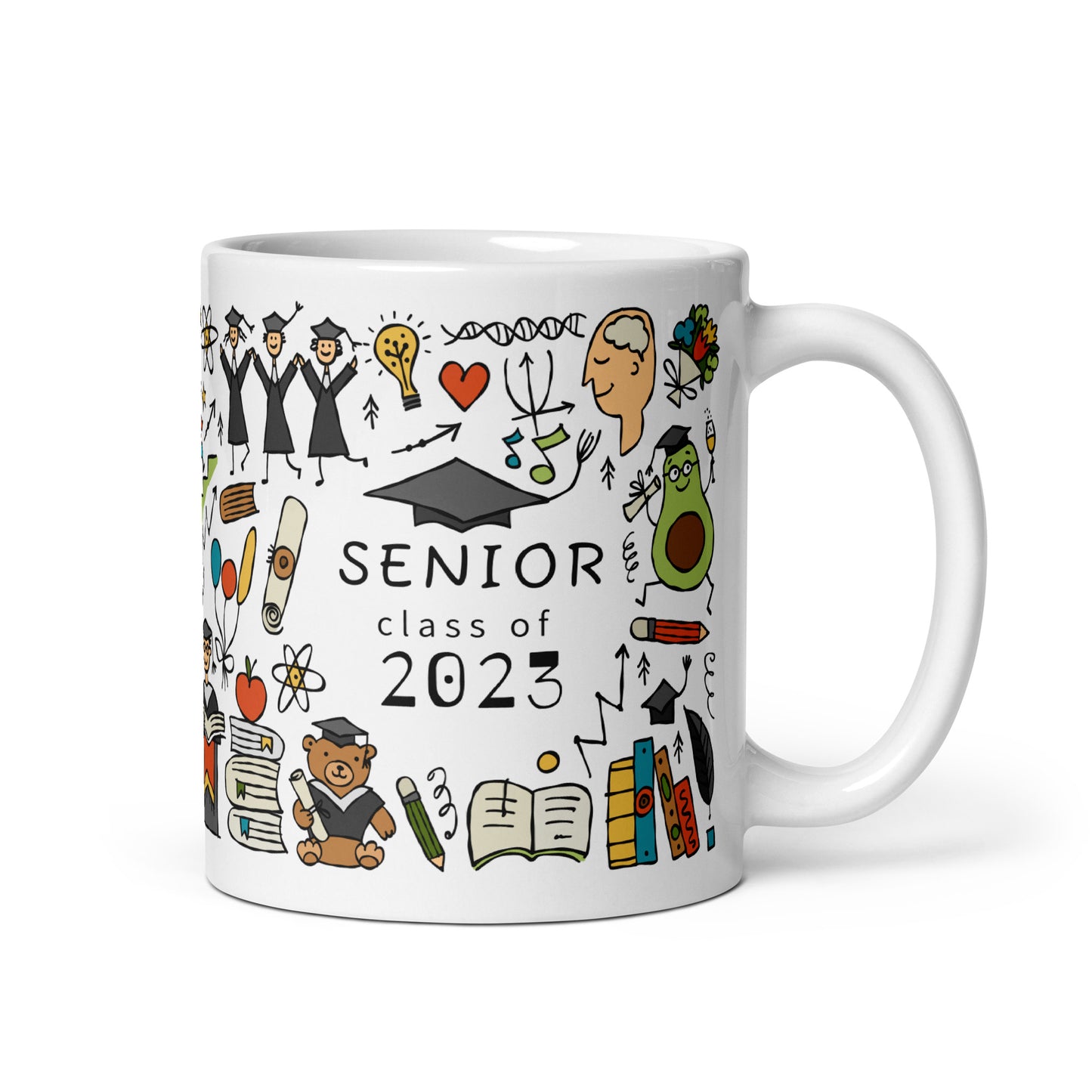 Personalised graduation mug 11oz with funny designer print featuring graduates in hats and mantles, school books and holiday motifs and graduation teddy bear