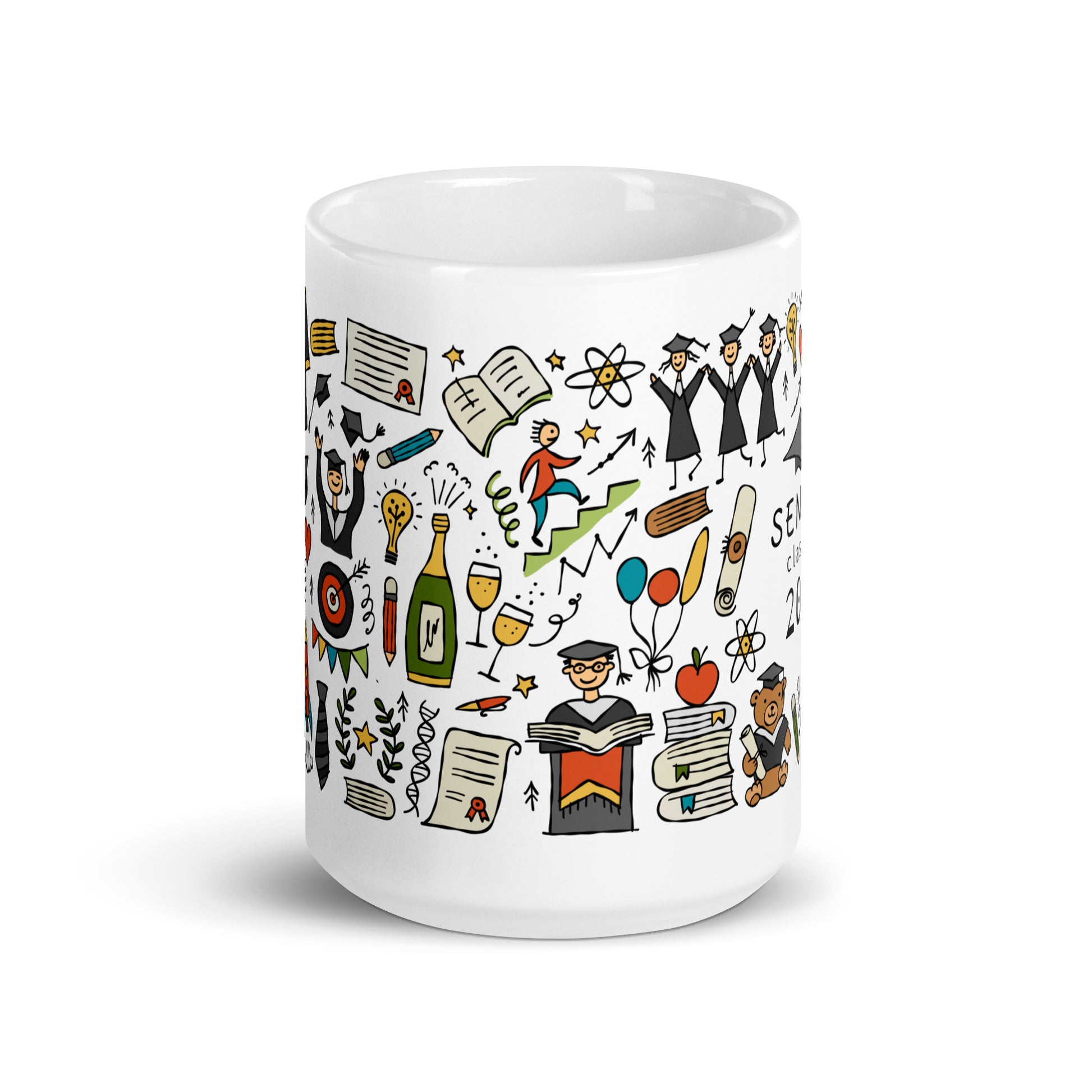 Personalised graduation 2023 mug 15oz with funny designer print featuring graduates in hats and mantles, school books and holiday motifs and graduation teddy bear