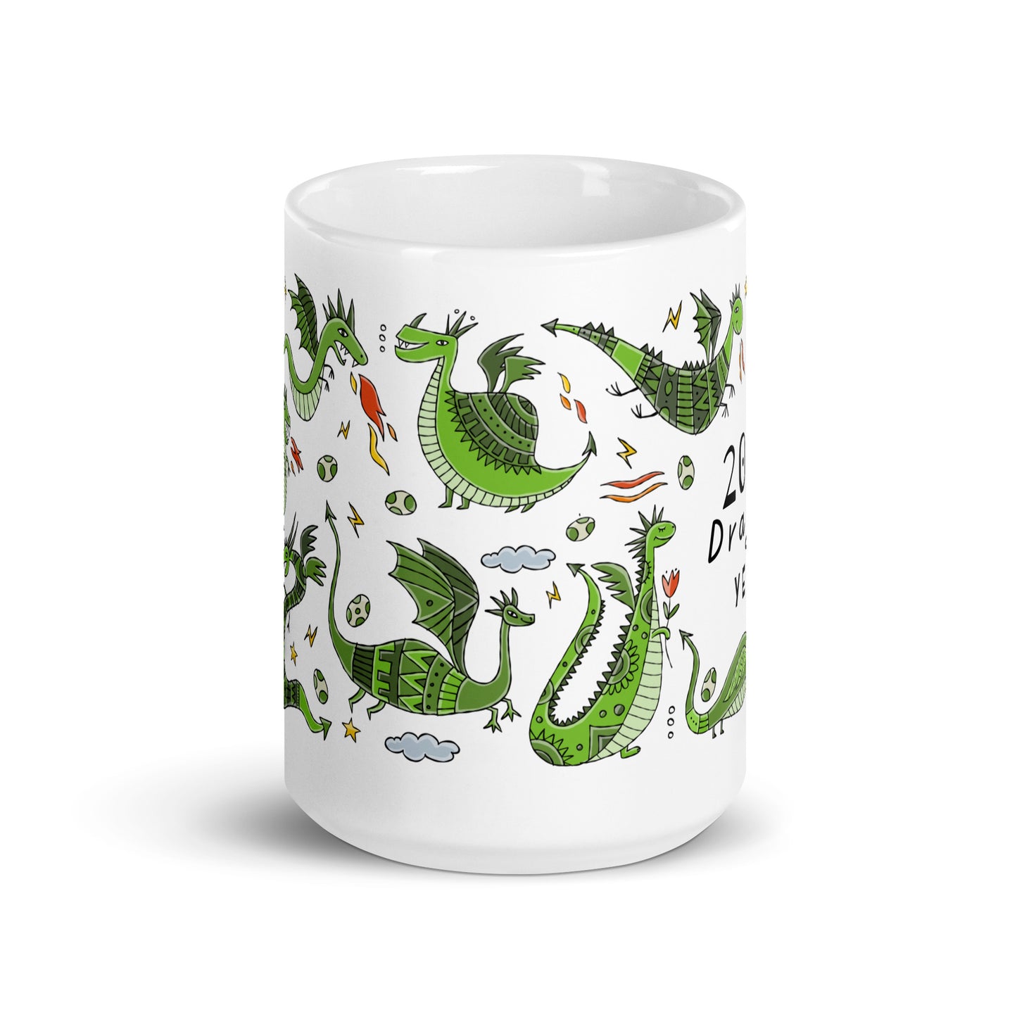 White glossy mug personalised with symbol of 2024 Year - funny green Dragons