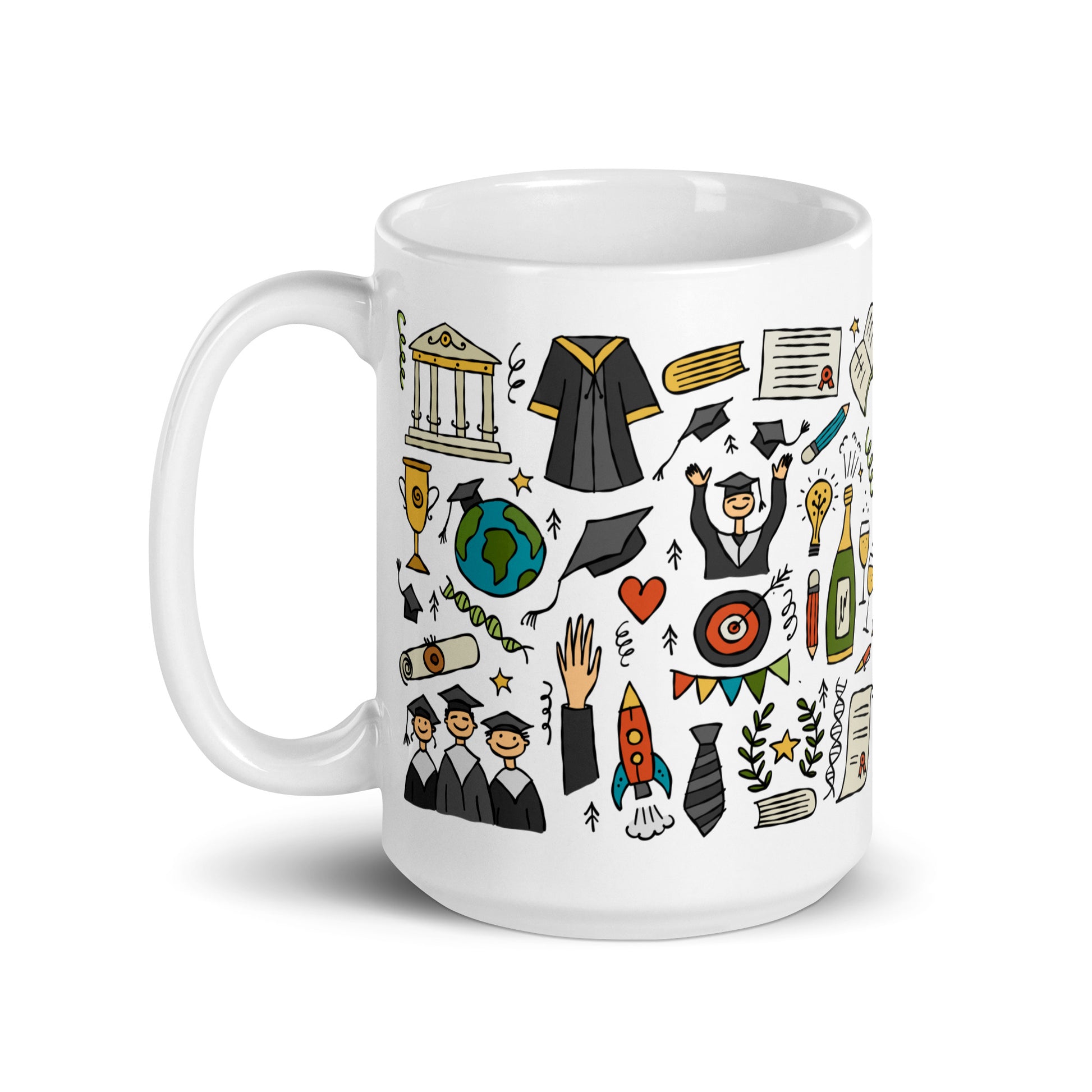 Personalised 2023 graduation mug 15oz with funny designer print featuring graduates in hats and mantles, school books and holiday motifs and graduation teddy bear