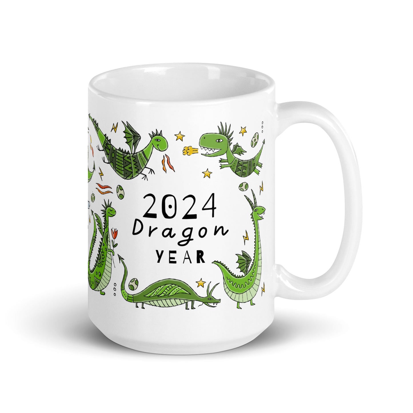 White glossy mug personalised with symbol of 2024 Year - funny green Dragons